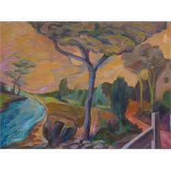 Graham Kingsley Brown (British 1932-2011): ‘Riverside House’, acrylic on board c.1991, signed and titled verso, 29.5cm x 22cm 
Notes: A larger example of the artist's 'decorative landscape' style of painting from the early 1990s, and the one remaining piece of this kind still available. This piece was a gift from Graham to his wife 
Elizabeth Brown, which is now offered for auction.