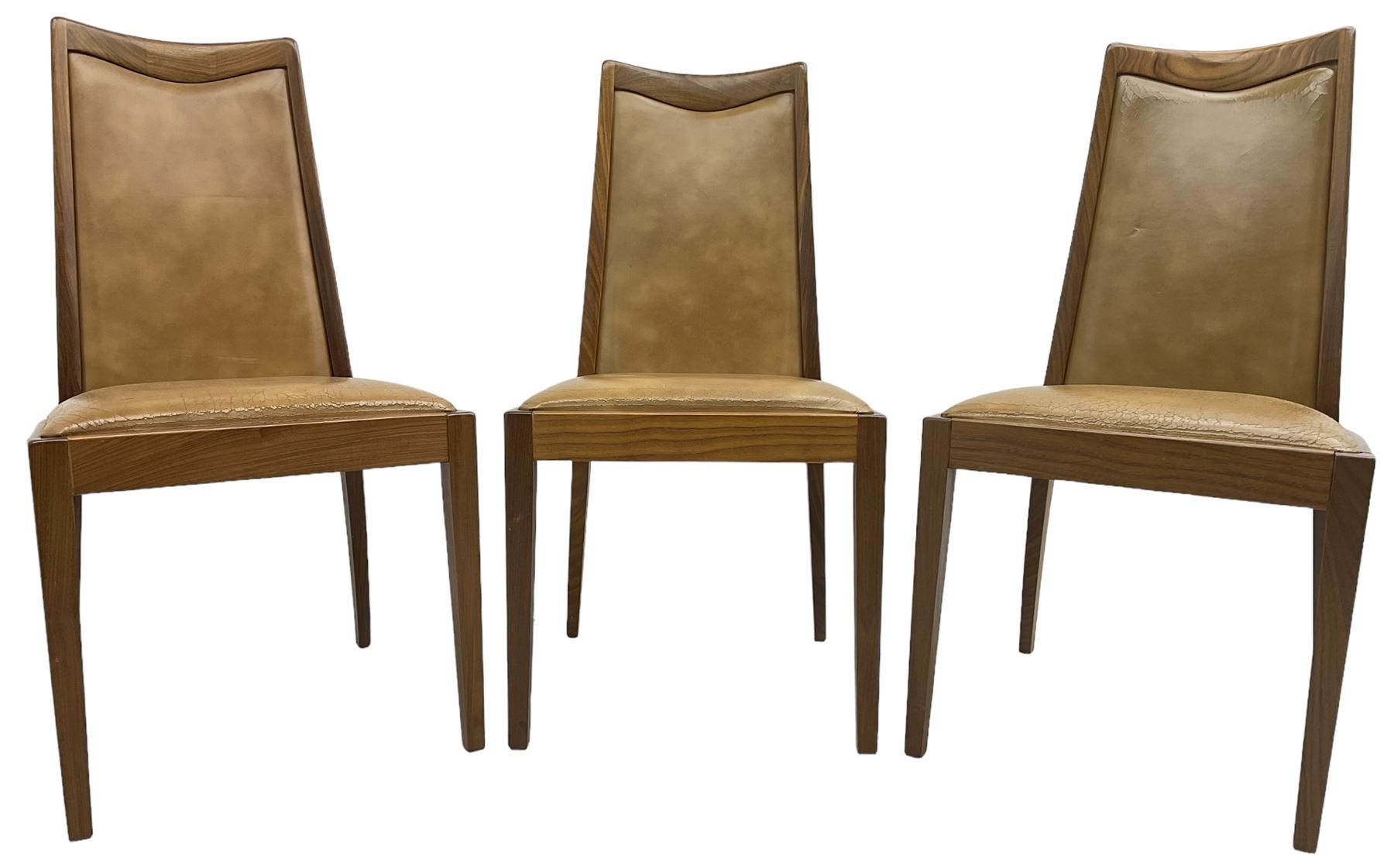 G-Plan - set of six mid-20th century teak 'Fresco' dining chairs, high back and seat upholstered in tan faux leather, on square tapering supports