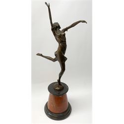 Art Deco style bronze figure of a girl, raised upon a marble base, with foundry mark, 65cm overall