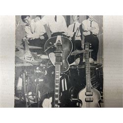 The Beatles - Parlophone Records promotional photographic card depicting a very young group standing together behind a pile of musical instruments; signed verso by George Harrison, Ringo Starr, Paul McCartney and John Lennon, inscribed by two members to 'Janet' and also signed by a female 'roadie' F. Holly who had been assigned to look after her 14.5 x 9cm
Provenance: The signatures were obtained by 'Janet', the vendor, at the Majestic Ballroom, Witham, Hull, at their performance on 13th February 1963, when she was sixteen years old. Janet was still recovering from being injured in a car accident so was removed from the packed audience to watch the performance from the wings where she acquired the signatures, personally watching each member of the band sign the card. Whilst signing the card the Beatles asked her to attend a party later that night at their hotel in Hull but she declined as she was too young and had to return home by 11pm!