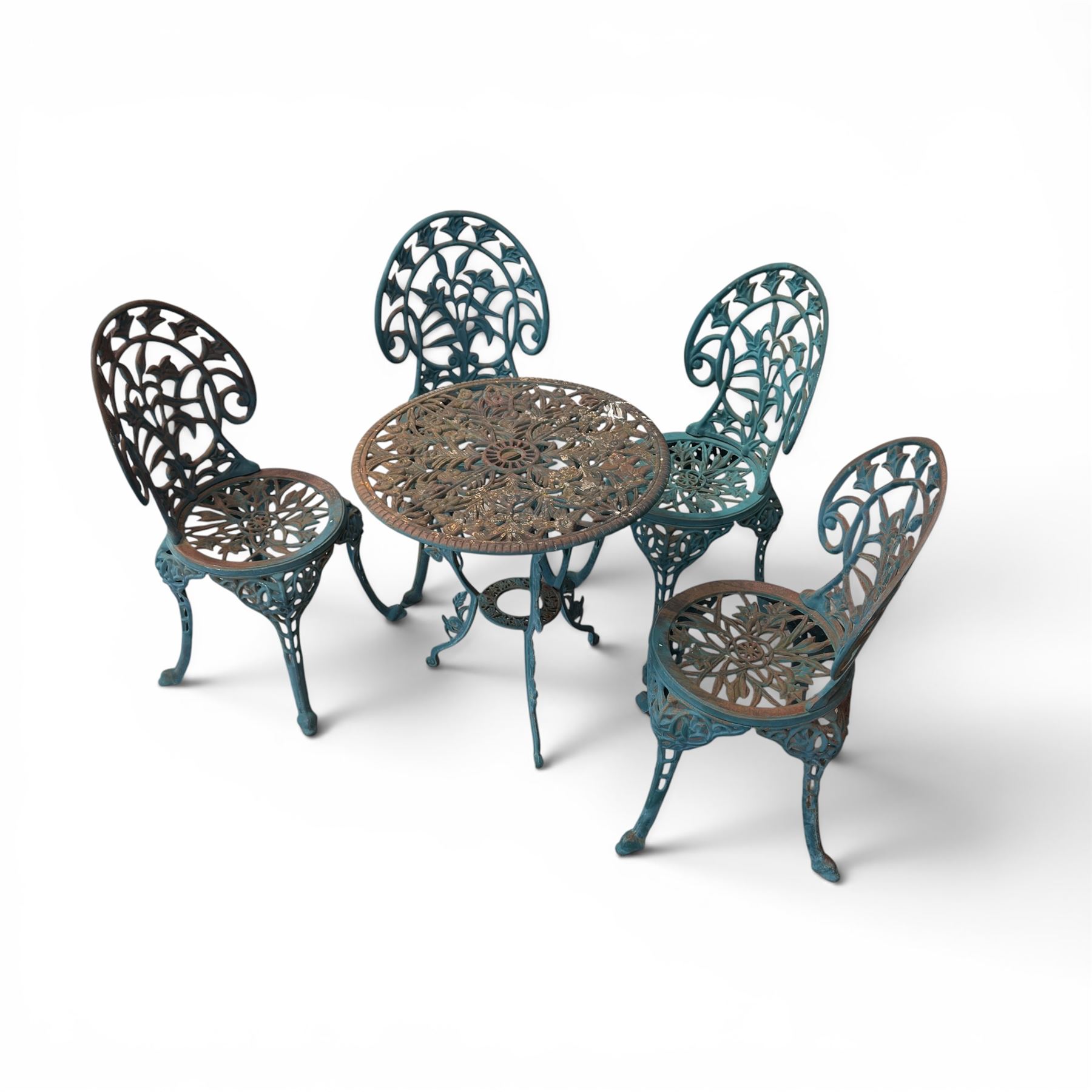 Cast iron garden table and four chairs, in the Art Nouveau style, with pierced floral and foliate decoration throughout, circular table raised on four cabriole legs with stretcher ring, chairs with shaped openwork backs and seats, in a weathered green finish