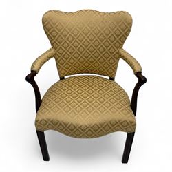 Pair of 19th century Hepplewhite style armchairs, shaped serpentine back over seat upholstered in gold damask fabric, with padded outswept arms and serpentine front rail, on moulded mahogany foreleg