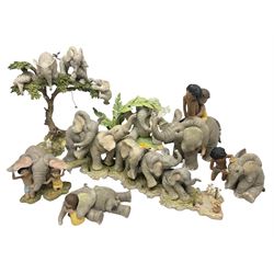 Seven Tuskers elephant figure groups, to include limited edition Stop! Mice Crossing 3479/4000 and Hide n' Squeak 77/4000, Love is... Sharing, Always a Safe Haven, Together Always etc, tallest H24cm