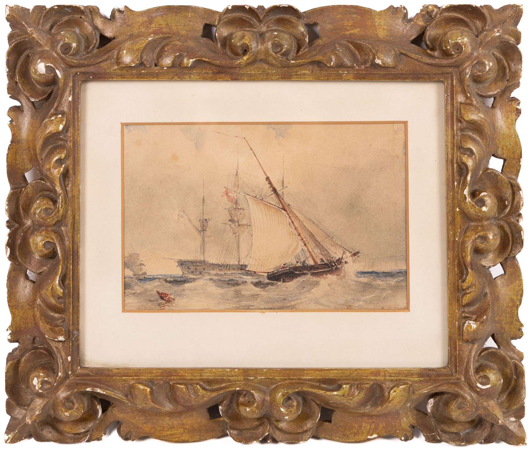 English School (19th Century): Ships at Sea, watercolour signed, in carved Florentine gilt frame, frame overall 34cm x 41cm; GWC (19th Century): Scarborough Beach, watercolour signed with monogram and dated '06, 9cm x 13cm (2)