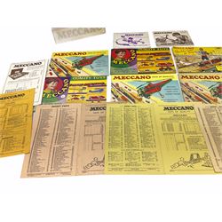 Meccano - toy shop point-of-sale cardboard advertising sign with easel back, depicting a boy finishing a large Eiffel Tower H37cm; nine catalogues 1938/9, 1939/40, 1952, 1953, three x 1956, 1958 and HRCA 1994 copy of 1939/40, bearing various toy shop addresses to front covers, some with price lists; and seven price lists 1949 - 1966.