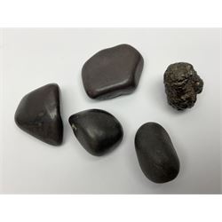 Chinese hardstone carving of a fish amongst coral, with platted rope handle, together with other hardstone and soft stone carvings  