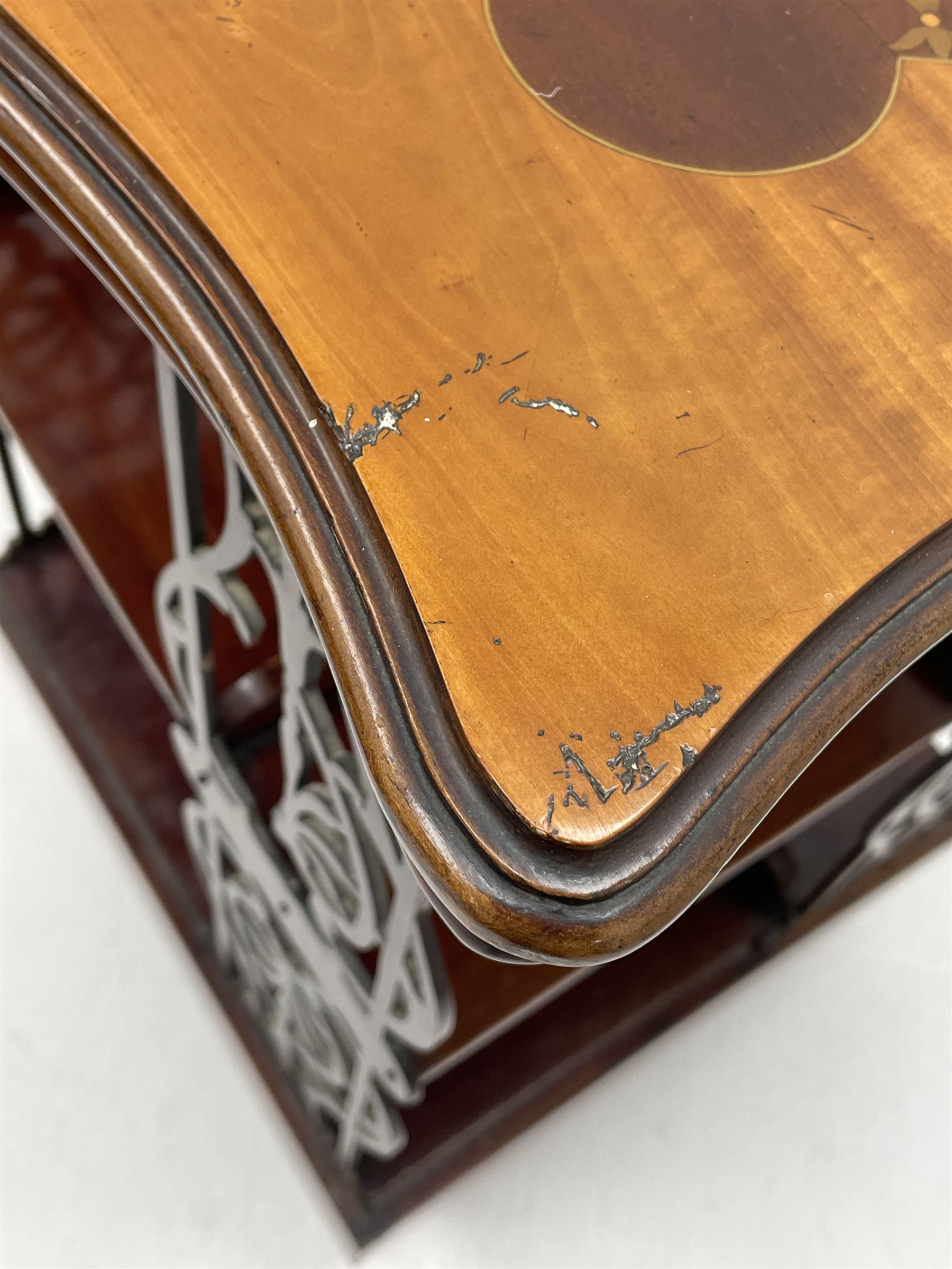 Edwardian inlaid mahogany and satinwood revolving bookcase, shaped moulded top over two tiers with fretwork side splats