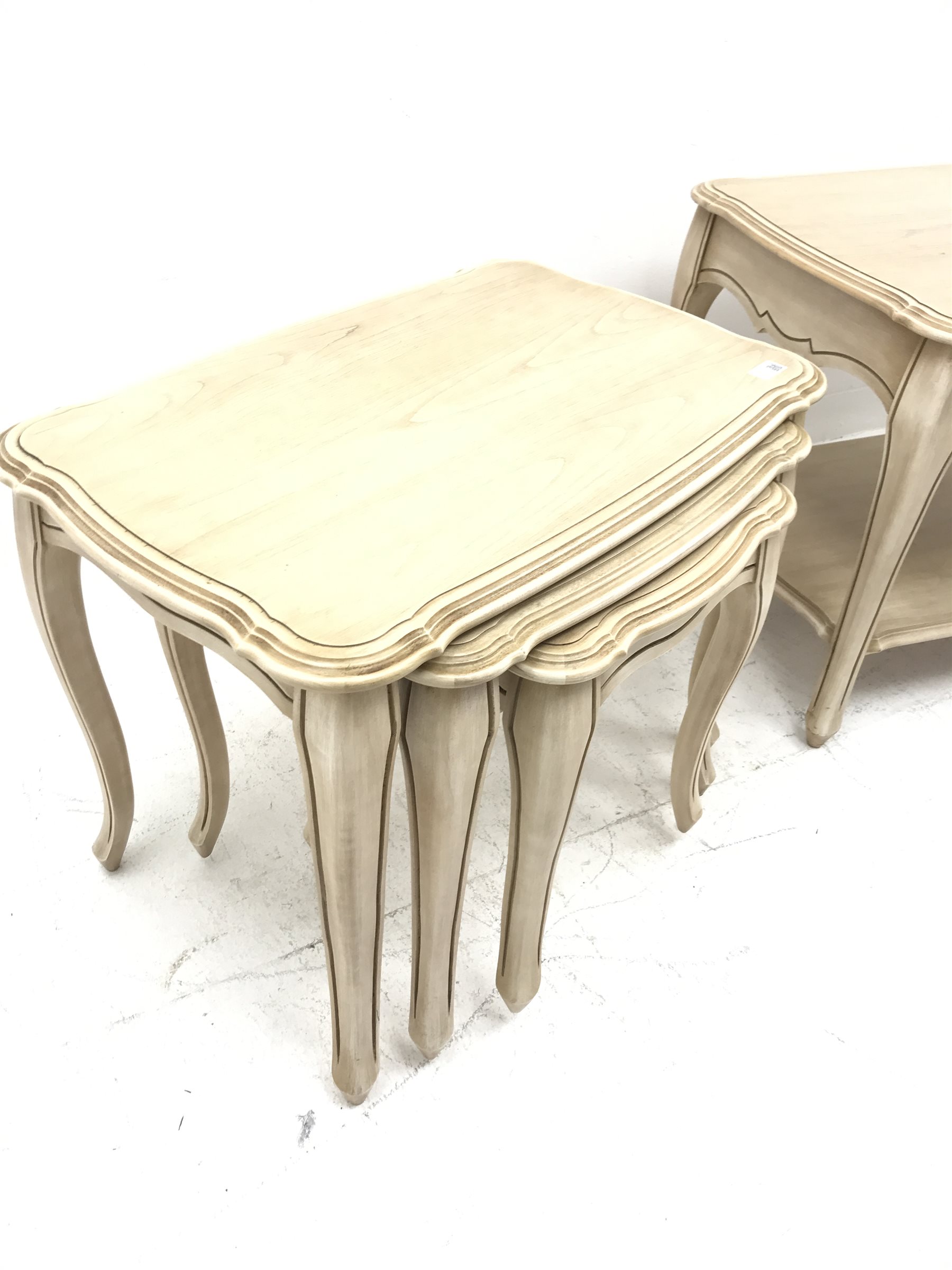Pierre Fontaine collection light wood coffee table, moulded shaped top, two drawers, cabriole legs joined by solid undertier (W116cm, H55cm, D54cm) and matching nest of three tables (W67cm, H52cm, D44cm)