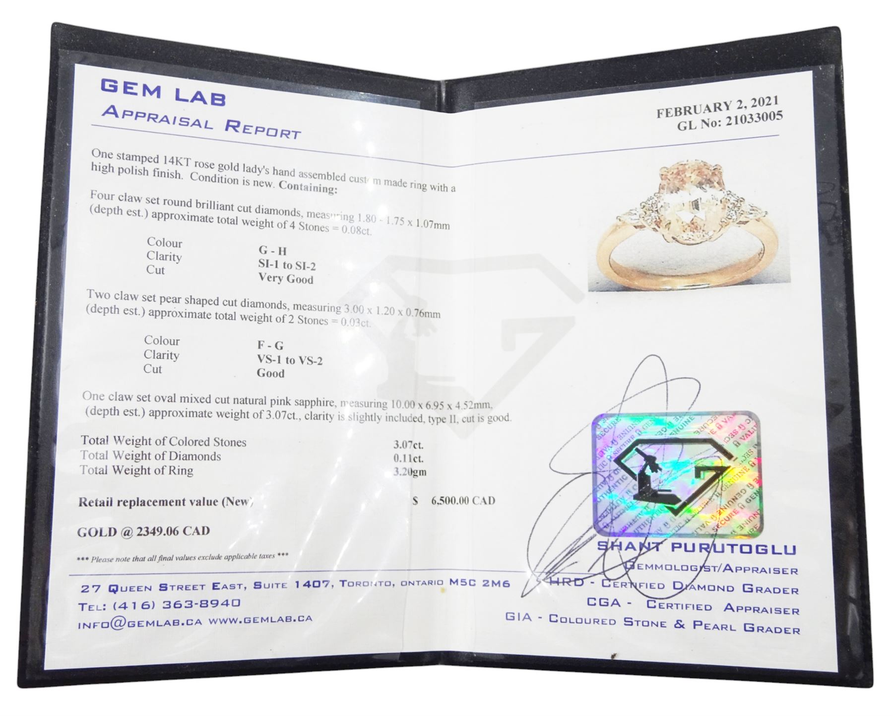 14ct rose gold pink / peach sapphire and diamond ring, single oval cut sapphire of 3.07 carat, with two round brilliant cut diamonds and a pear cut diamond set either side, stamped, total diamond weight 0.11 carat, with Gem Lab report