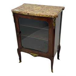 Early 20th century French style vitrine, with shaped breccia marble top above a single glazed door enclosing three shelves, the serpentine front and canted corners with kingwood and rosewood veneers, mounted with gilt metal ormolu mounts and sabots, raised on slender cabriole legs