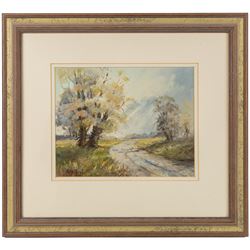 Pat Newton (British 20th century): 'Winter in West Norfolk' and 'The Farm in Winter', pair of acrylics signed, titled on label verso, in matching frames 19cm x 24cm; George 'Griff' Griffiths (British 1939-2017): 'Arthington Bank', watercolour signed, titled and dated 1977 on label verso 24cm x 16cm (3)