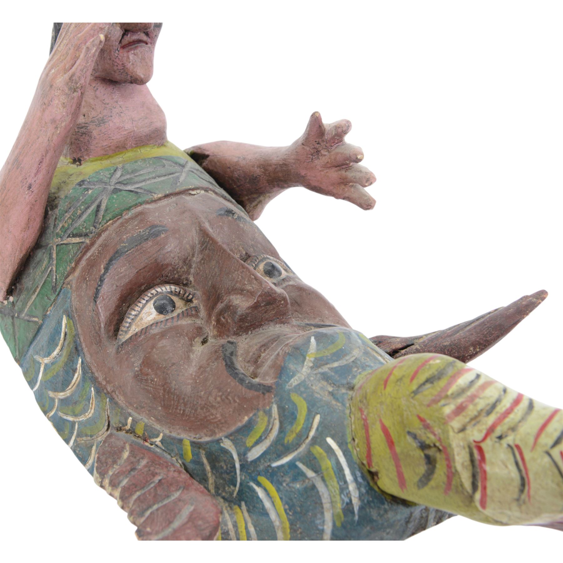 Carved folk art mask, modelled as a merman, hand painted, H50cm 