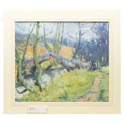 Barry De More (Yorkshire 1948-2023): 'Bridge Near Howarth', oil on canvas board signed, inscribed verso 45cm x 53cm
Provenance: consigned by the artist's widow
