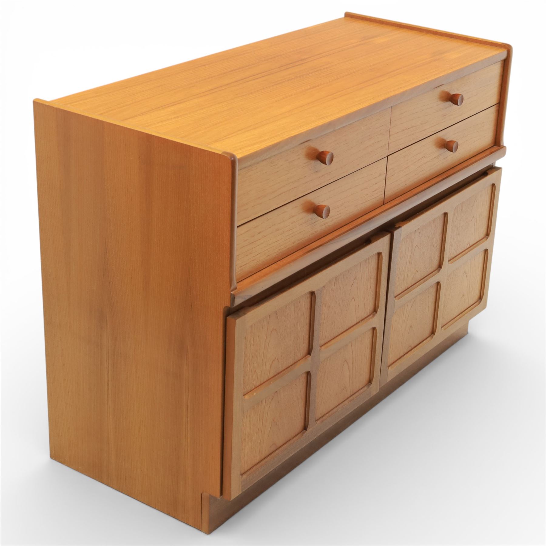 Nathan - 'Squares' pair of sideboards, rectangular top over four short drawers, above signature square panelled cabinet doors on a recessed plinth base