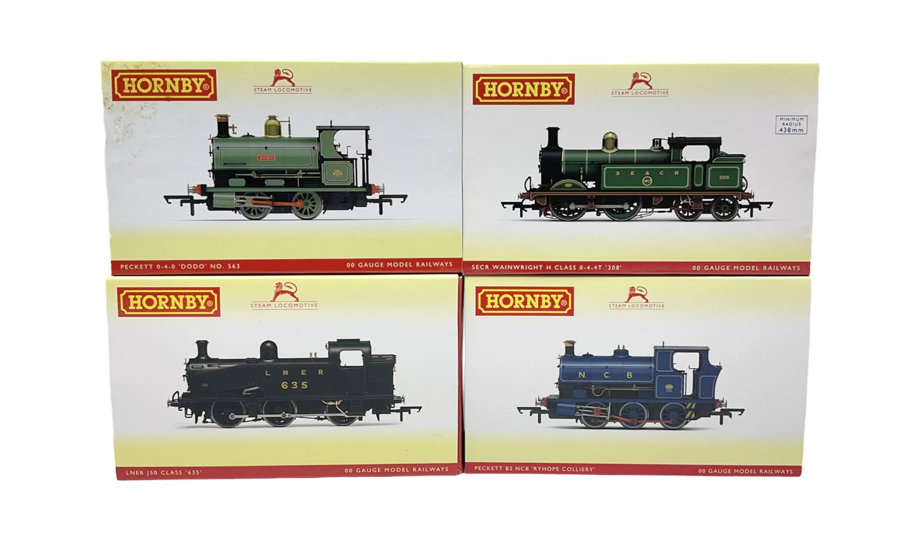 Hornby '00' gauge - Wainwright H Class 4-4-0 locomotive no. 308, Peckett B2 0-6-0 locomotive 'Ryhope Colliery', Class J50 0-6-0 locomotive no. 635 and Peckett 0-4-0 locomotive 'Dodo' no. 563, all DCC ready (4)