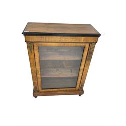 Victorian inlaid walnut pier cabinet, rectangular top over single glazed cupboard door enclosing two shelves, satinwood stringing and inlaid scrolling decoration and gilt metal mounts, on turned feet