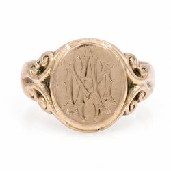9ct rose gold signet ring, monogrammed with initials 'MA', with scroll design shoulders, C...