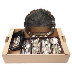 Quantity of assorted plated cutlery and a plated salver