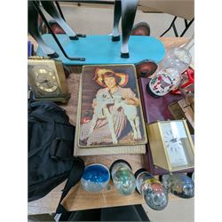 Dog cigarette box, glass decanter, two brass mantel clocks, snow globes, collection of Smash, Viz, Scorcher magazines, 1997 Glastonbury programme, JVC video camera, Sony Handy Cam and other collectables