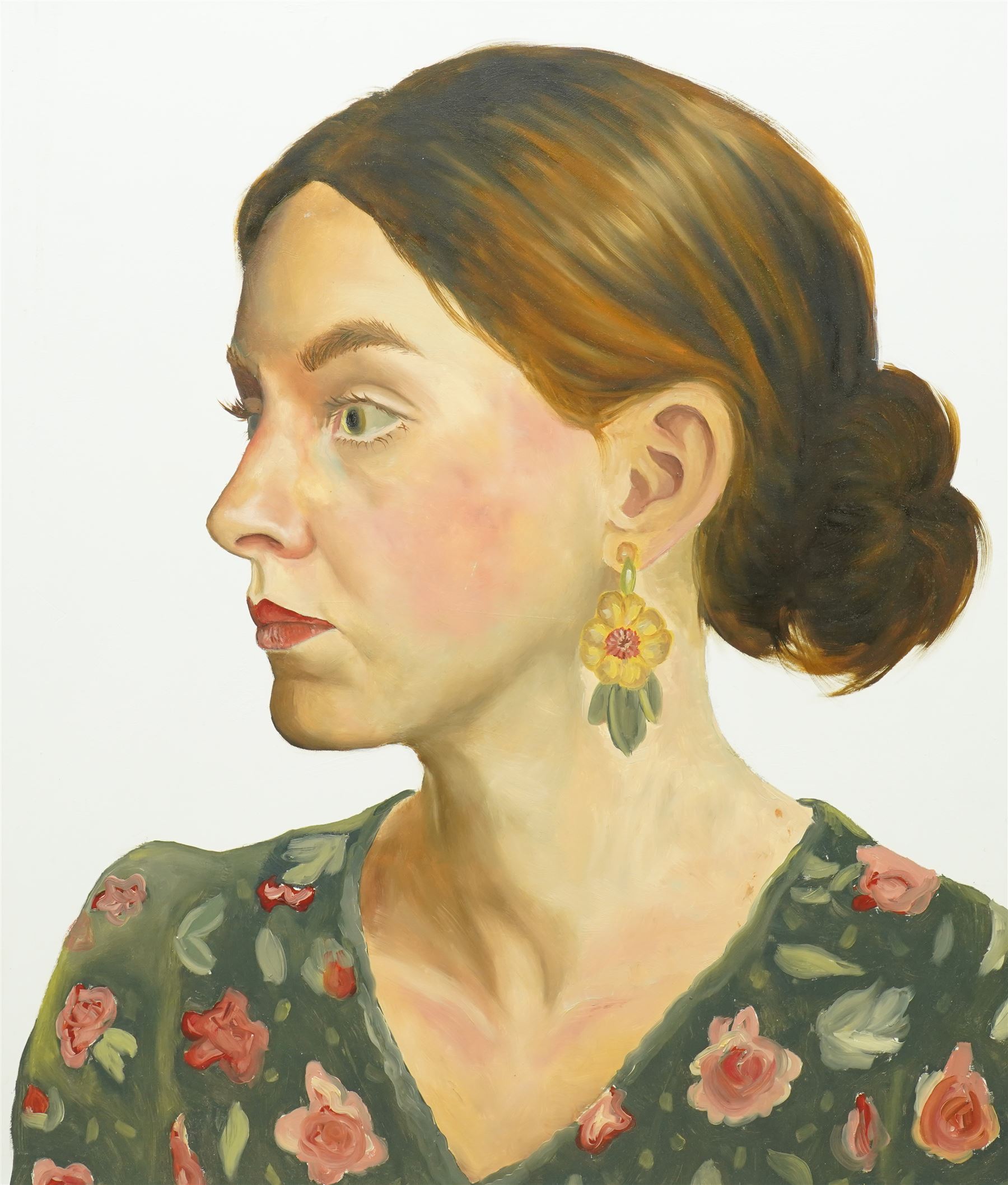English School (Contemporary): Profile Portrait of a Lady in a Floral Dress, oil on board signed and inscribed verso 52cm x 45cm