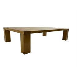 Large pippy oak rectangular coffee table, square block leg, retailed by Chapmans of Newcastle