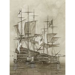 Ron Cooke (British 20th century): English Men o War at Anchor, sepia watercolour signed and dated '98, 44cm x 34cm