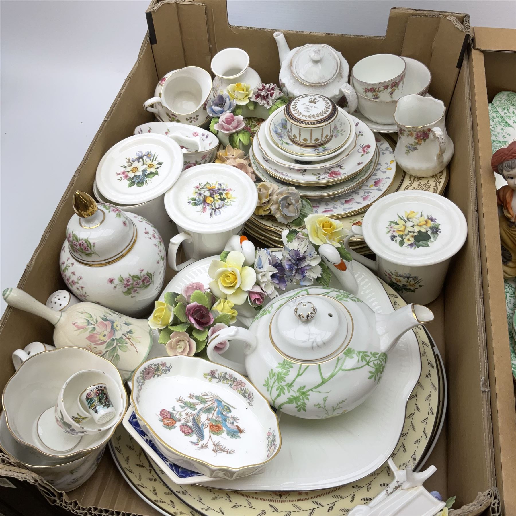 Collection of assorted ceramics, to include Shelley preserve pot, Regal Ware coffee wares, Paragon tea wares, floral encrusted ornaments, other tea wares and decorative ceramics, in two boxes