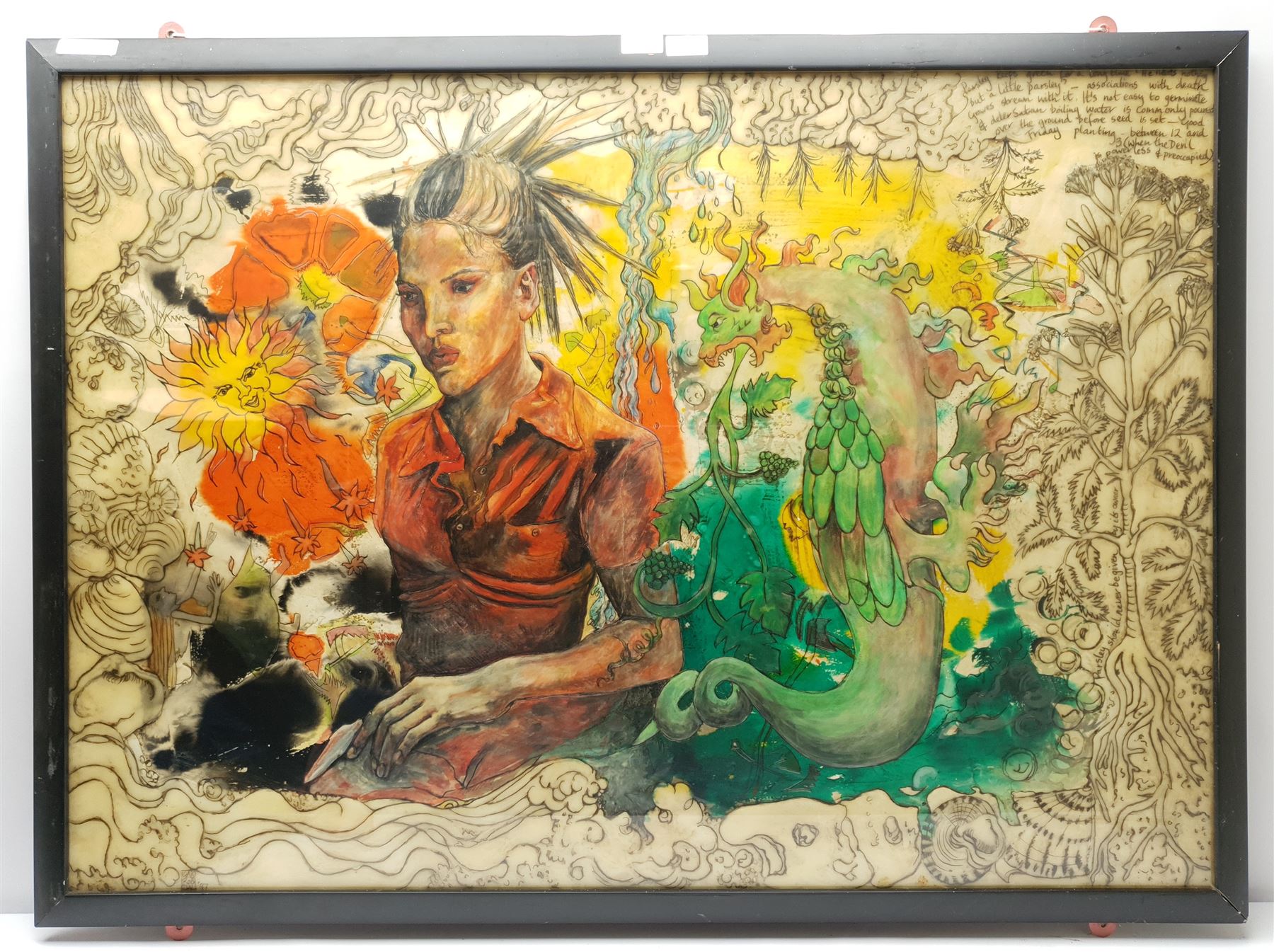 Gabrielle Roberts-Dalton (British Contemporary): Seasons - 'Good Friday is Parsley Planting', wax relief with mixed media and incised text signed and dated 1997, titled verso 75cm x 105cm