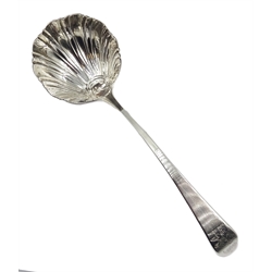  Silver sauce spoon, scalloped shell bowl by William Pugh London (date marks rubbed), approx 1.7oz   