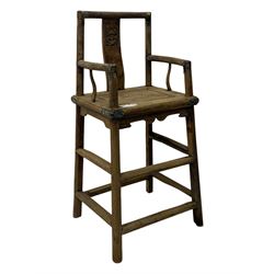 Late 19th century Chinese Qing dynasty high chair, rectangular back with central splat carved with stylised bat motif, applied brasswork to the arms and seat, on rounded supports with double stretcher
