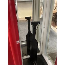 Roadside Relics Fender Custom Shop guitar display case, modelled as an American petrol pump, with a circular two-tone Fender logo light upon the pillar box red cabinet, three sides with glazed panels and chrome detailing, one etched with Fender logo, the interior with removable guitar stand, height including light 184cm