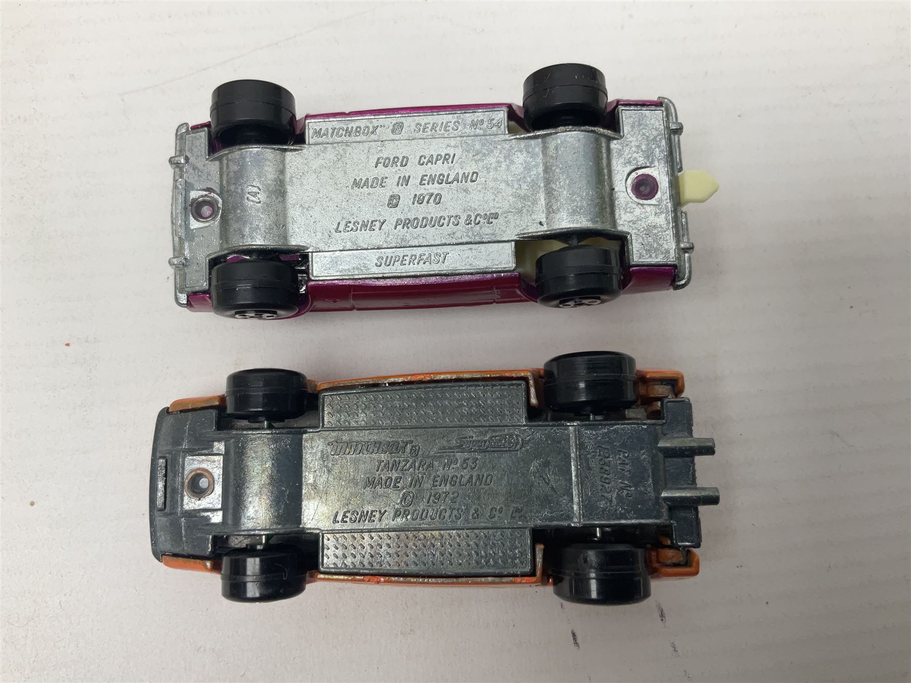 Matchbox 1-75 Series 'Superfast' ex-shop stock - eight models comprising 45c Ford Group 6, 52c Dodge Charge Mk.III, 53d Tanzara, 54c Ford Capri, 56c Pinifarina, 58d Woosh 'n' Push, 60c Lotus Super Seven and 62d Dragster; all boxed (8)