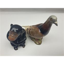Large Sylvac monkey together with three smaller monkeys, together with Beswick Pigeon no 1383, Melba Ware hippo and baby and Royal Dux elephant 