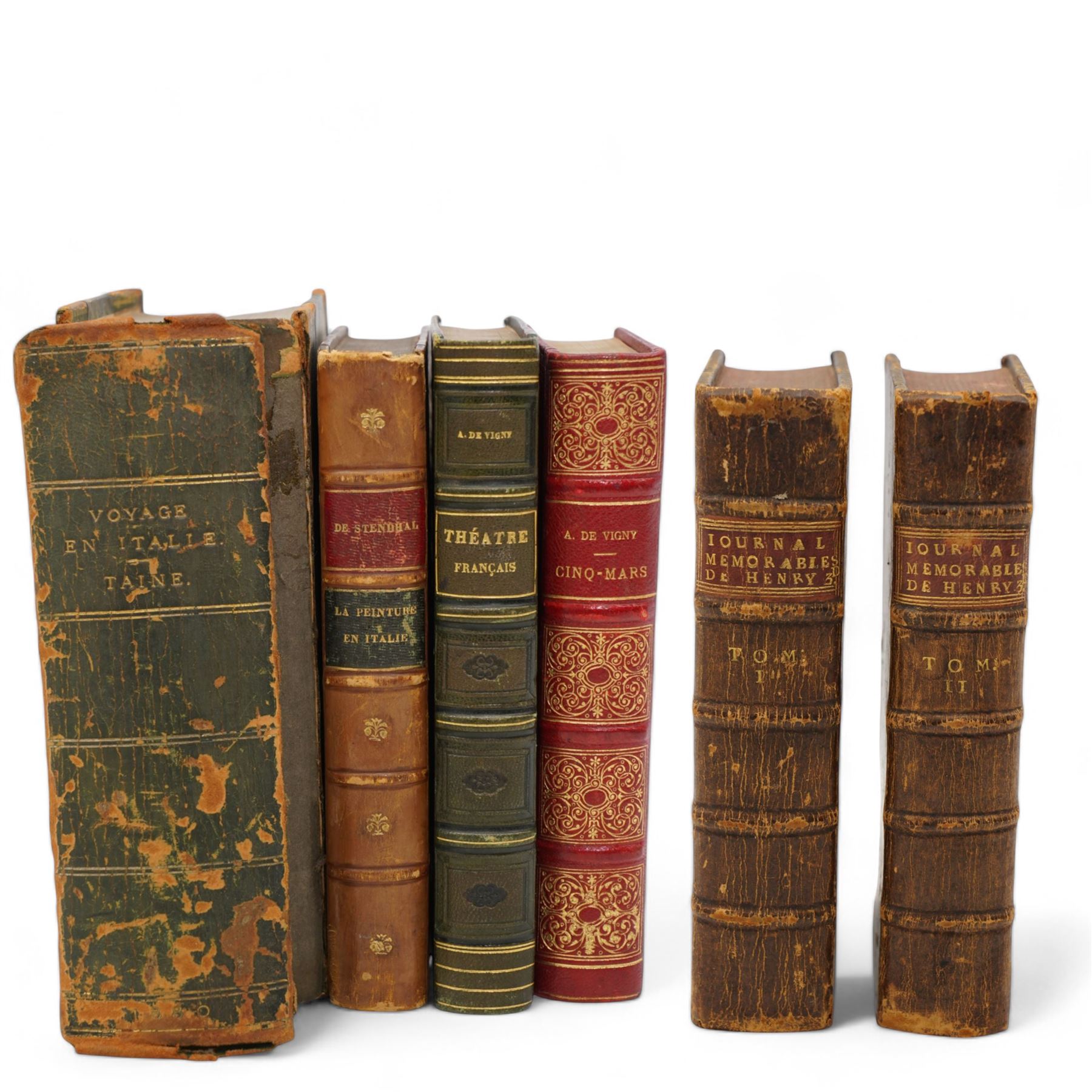 Pierre de L'Estoile - 'Journal des Choses Memorables Advenues de Henry III' published in French by P Marteau, Cologne two volumes 1720 in full calf (2), De Vigny, Alfred - 'Theatre Complet' pub. 1848 half calf, 'Cinq-Mars' pub 1898, De Stendhal - 'La Peintre en Italie' 1864 and H Taine - 'Voyage en Italie' two volumes bound together 1880, all published in French (4)