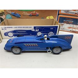 Schylling - six tinplate models comprising Sir Ian’s Bluebird racing car, Speedway Auto Racer, two Aluminium Airships, Tin Speedboat and Ernest in the Music Box; all in original boxes 
