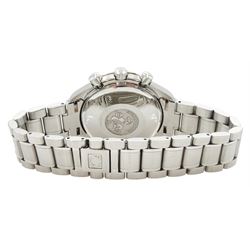 Omega Speedmaster gentleman's stainless steel automatic chronograph wristwatch, back case No. 175.0083, serial No. 57498920, silvered dial with date aperture and subsidiary dials for constant seconds, 30 minute and 12 hour register, stainless steel tachymetre scale bezel, on Omega stainless steel bracelet, with fold-over clasp, with warranty card