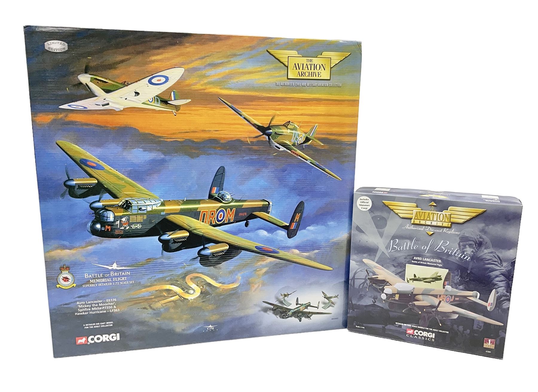 Corgi - Limited Edition Aviation Archive AA32602 1:72 scale Battle of Britain Memorial Flight boxed set, comprising Avro Lancaster EE176 'Mickey the Moocher', Spitfire MkIIa-P7350 and Hawker Hurricane LF363; boxed with certificate 1419/5600; together with Corgi Aviation Archive Battle of Britain No.47301 1:144 scale Avro Lancaster; 1st Issue in box (2)