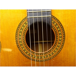  John LeVoi classical guitar with mahogany back and sides and spruce top, bears label signed J.N. LeVoi and dated June 1975, L97cm, in carrying case  
