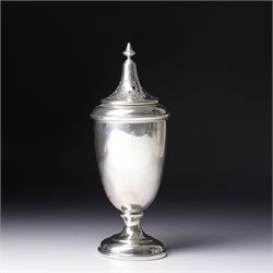 Silver vase shape sugar caster with pierced cover on pedestal foot Birmingham 1945 Maker S...