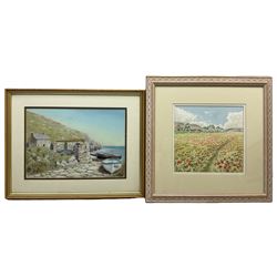 Eleanor Ludgate (British, 20th century): 'Poppy Field Near Ottery St Mary', watercolour signed, labelled and dated 1991 verso; P H Pearce (Cornwall 20th century): Penzance Boats on Coast, pastel signed max 24cm x 34cm (2) 