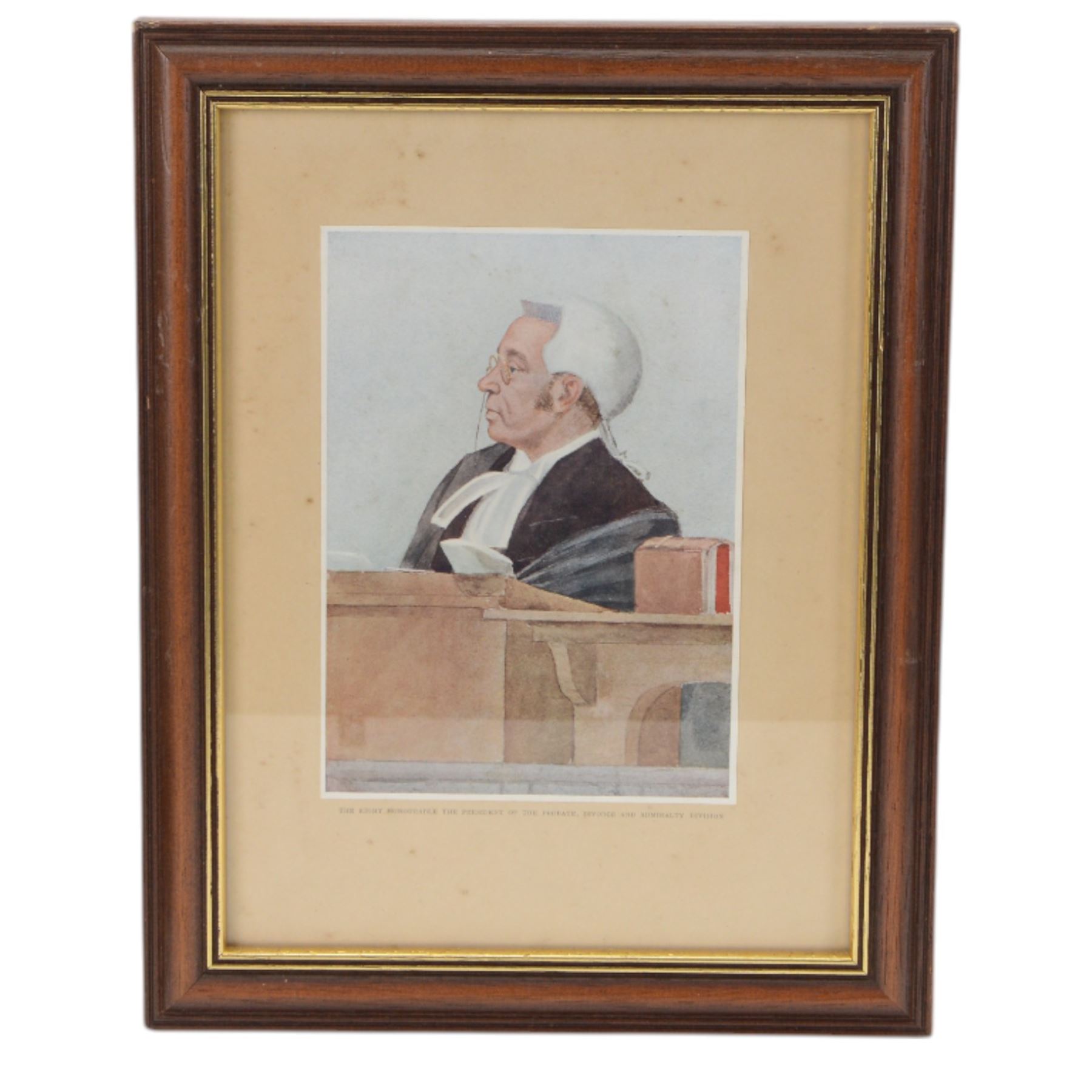 Judge's regalia, including, barrister’s wig in tin monogrammed J.A.W, Ede and Ravenscroft gown, tin of collars, jacket and waistcoat by Daniel Drescott, a glass case containing three miniature legal wigs; barrister’s wig, judge’s full bottom wig and bench wig and four Vanity Fair Spy prints