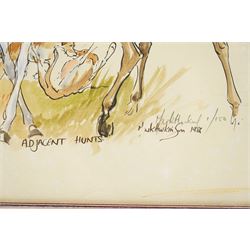 Mark Huskinson (British 1935-2018): 'Adjacent Hunts' and 'When the Claret Slipped Down like Silk Knickers', pair of limited edition prints finished with watercolour and acrylic signed and numbered 1/150 and 3/150 in pencil max 43.5cm x 30.5cm (2)