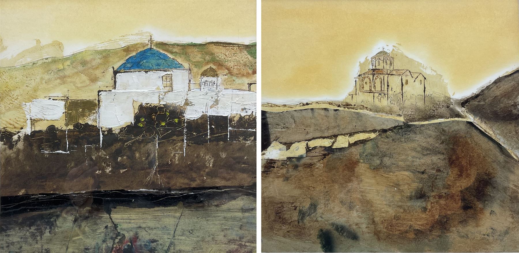 Leo McDowell R.I. (British 1936-2011): 'Byzantine Church - The Cyclades Greece' and 'Byzantine Church Cyprus', pair mixed medias one signed, titled and dated 1985 verso 23cm x 24cm (2)
