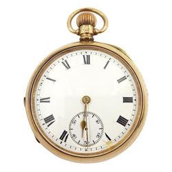 Early 20th century 9ct gold open face keyless lever pocket watch by American Watch Co, Waltham, No. 16807288, white enamel dial with Roman numerals, case by Dennison, Birmingham 1910