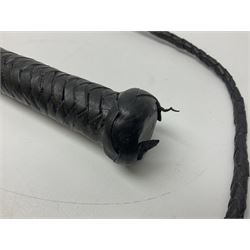 Near pair of short swords each with slightly curving 41cm fullered steel blade and all brass H-shaped hilt L52cm overall; plaited black leather whip; and reproduction pair of brass hilted swords, brass halberd blade and mace (7)