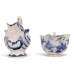 Derby blue and white dolphin ewer cream boat, circa 17750, H8cm, together with a Bow blue and white cream boat, decorated in the Desirable Residence pattern, circa 1760, L11.5cm
