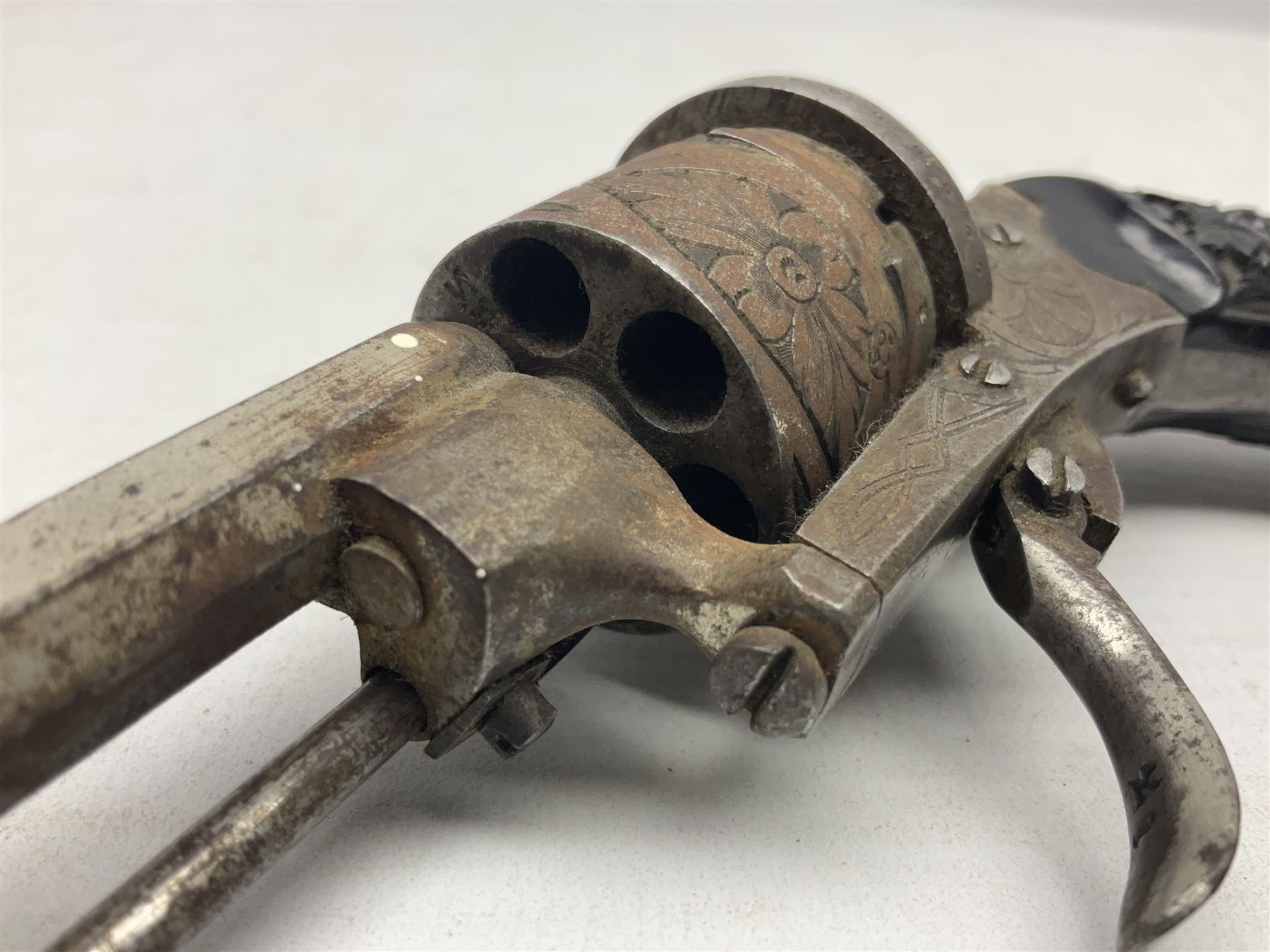 19th century Belgian 7mm pin-fire six-shot revolver with engraved action, folding trigger and ornate grips, ELG proof marks, No.4562 L20cm