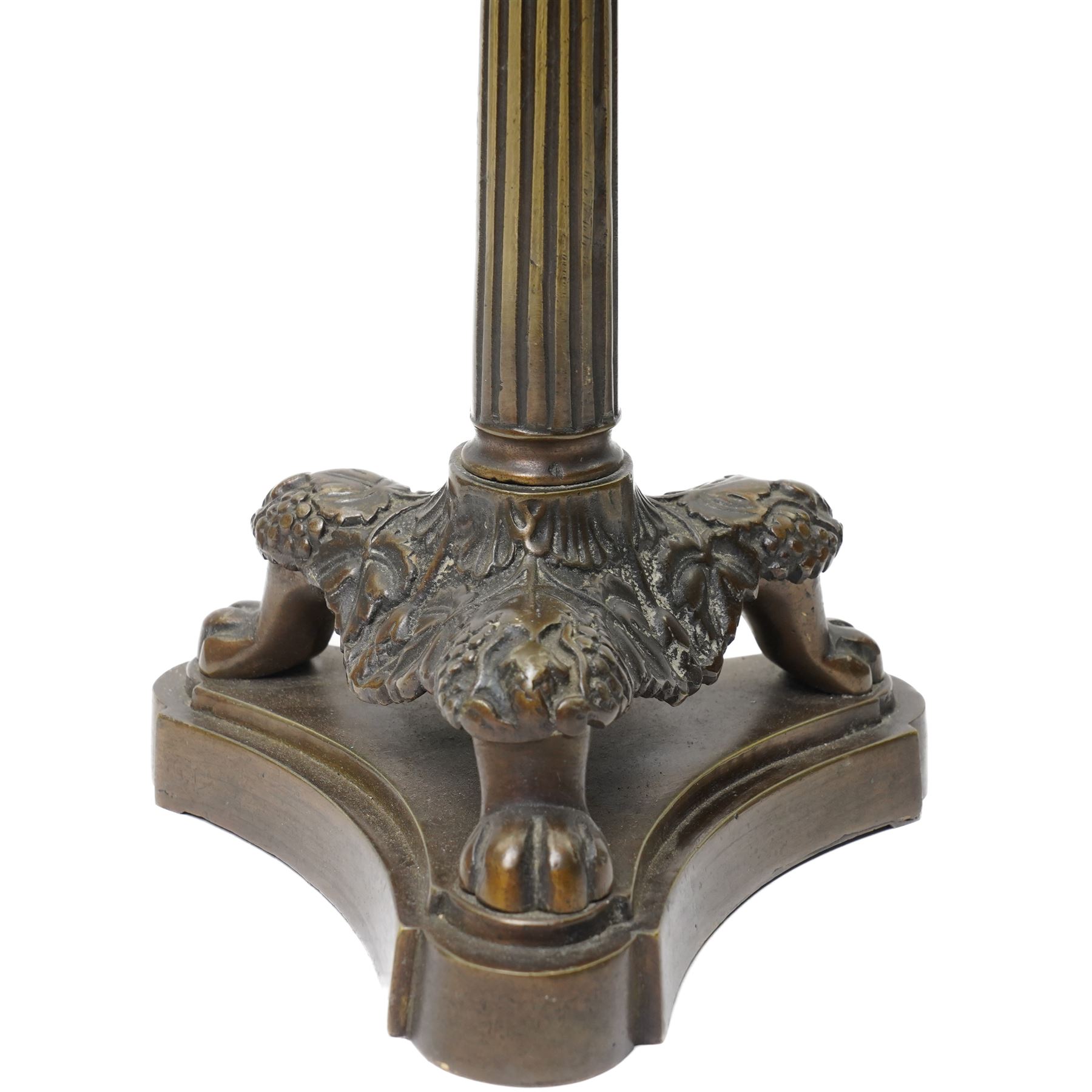 Pair of Neo Classical bronze four light candelabra with scroll branches and fluted columns with paw feet on triangular base H35cm