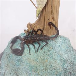 Entomology: Giant Forest scorpion (Heterometrus spinifer) and Prickly Stick insect (Extatosoma tiaratum), upon a gravel base, within a modern circular glass dome, H41cm