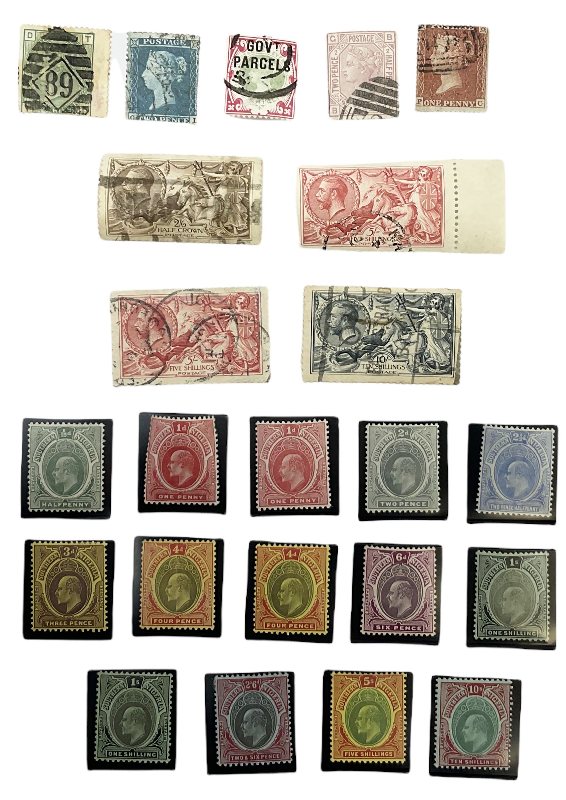 Stamps including various King Edward VII Sothern Nigeria values, King George V Great Britain seahorses and a small number of Queen Victoria Great British stamps, housed in three stockcards